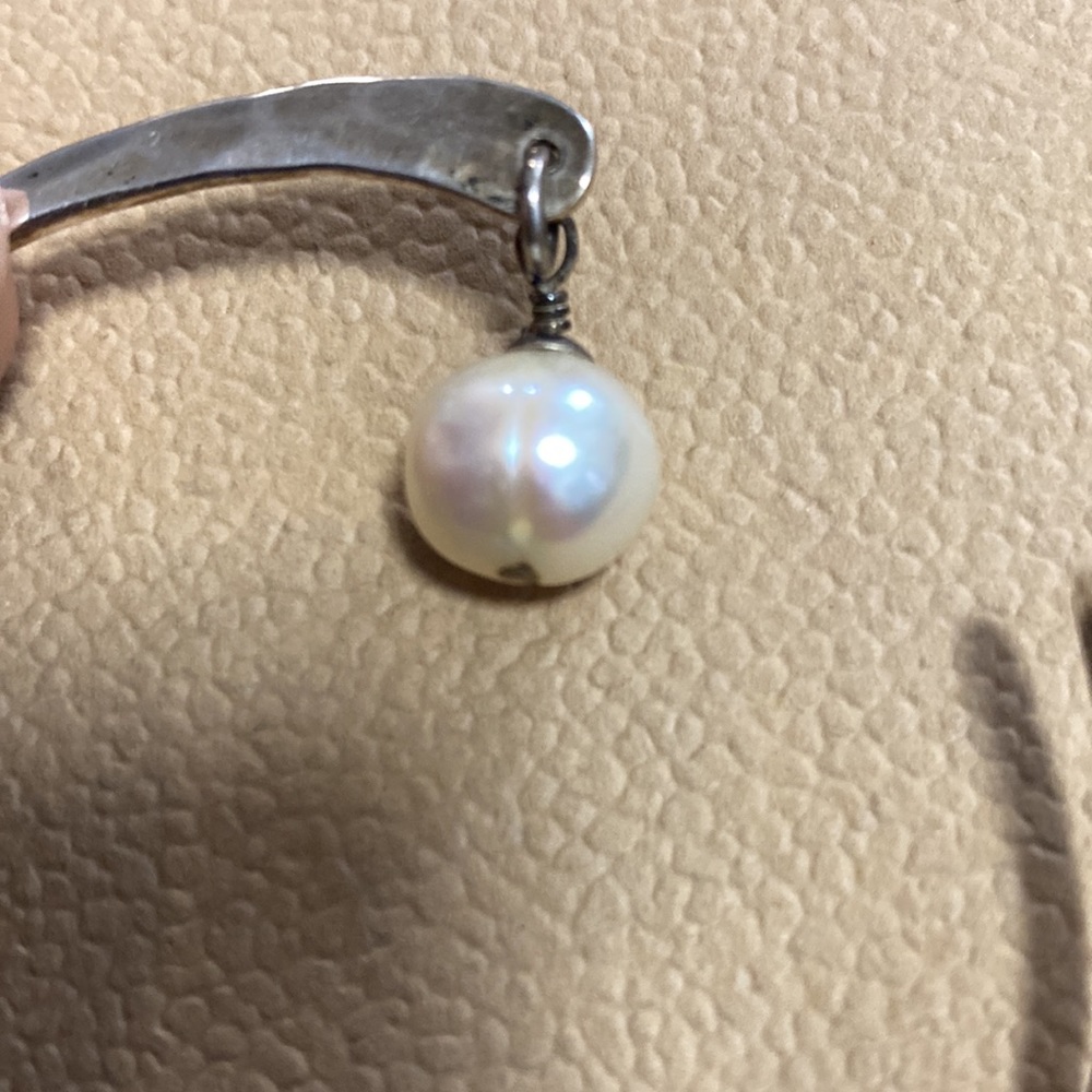 Hammered Sterling Silver Cuff Bracelet with White Pearl Accent - Picture 8 of 11